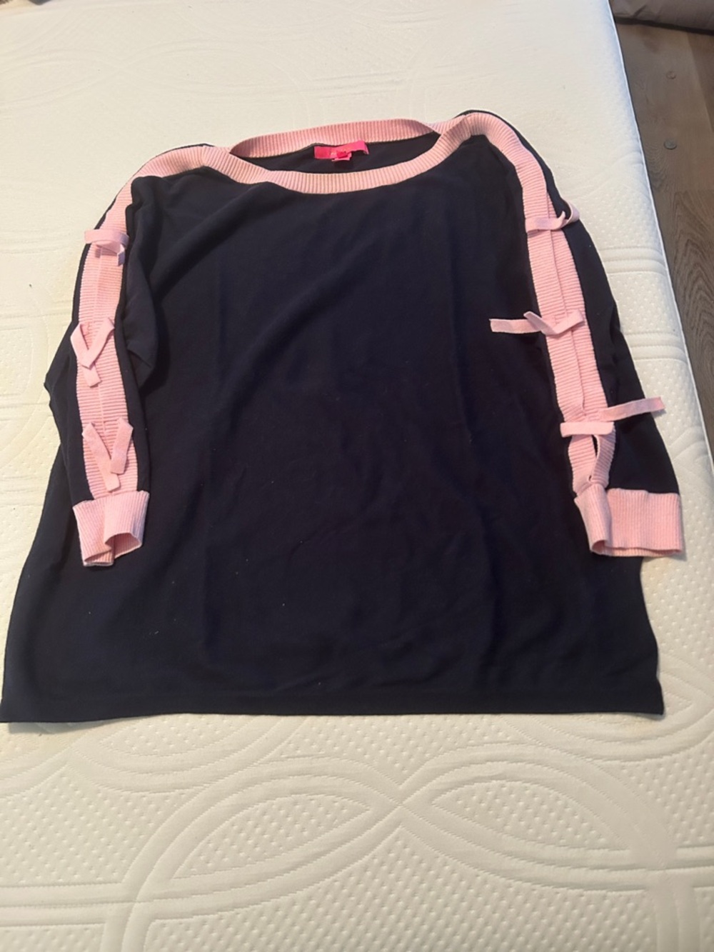 Lilly Pulitzer Navy Sweater with Pink Ribbon Detail on open arms, Size XL